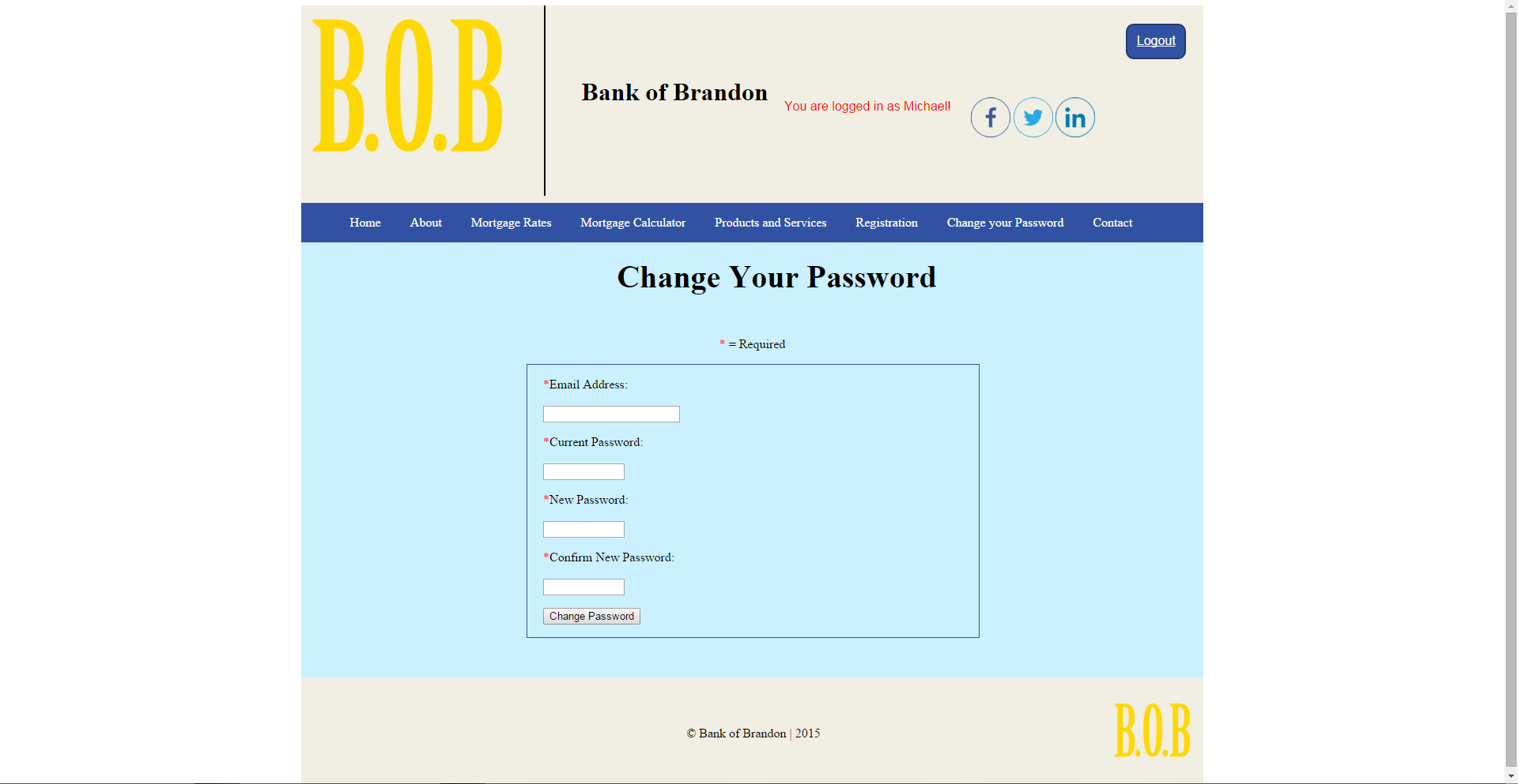 This page allows you to change the users password