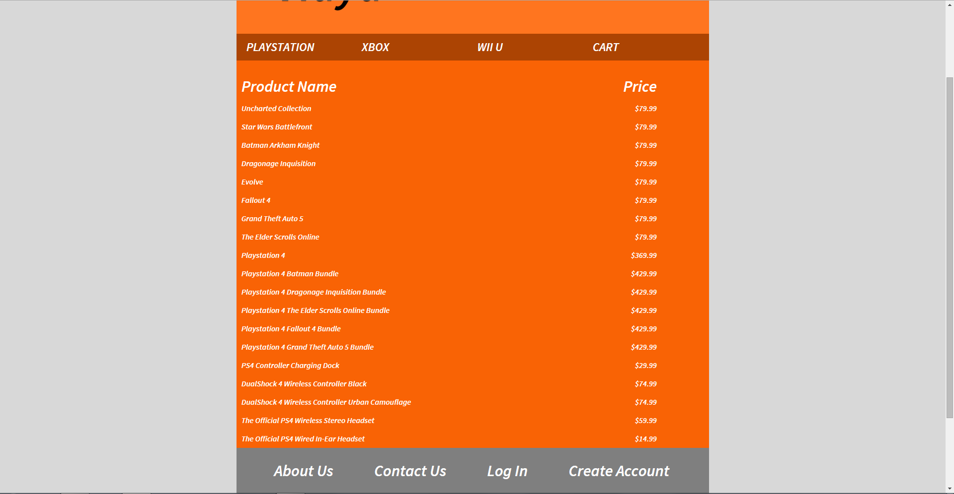 This is a list of products that can be purchased by the customer